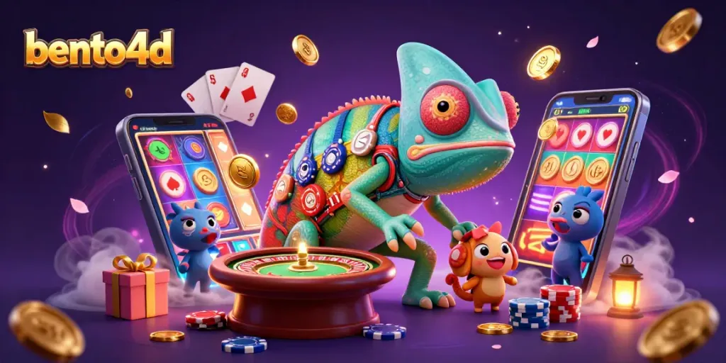 Bento4d casino chameleon captures golden coins with dynamic gaming elements around a vibrant scene.