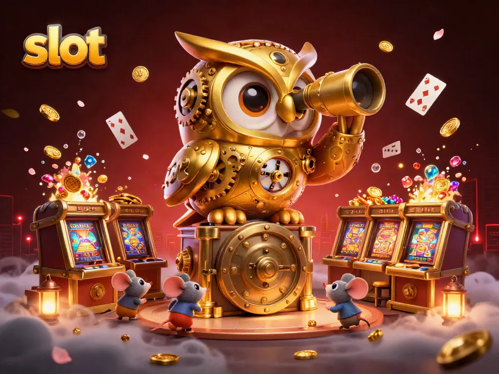 Spin vibrant slot machines while a golden owl oversees the casino floor, packed with action.