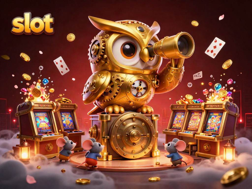 Spin vibrant slot machines while a golden owl oversees the casino floor, packed with action.