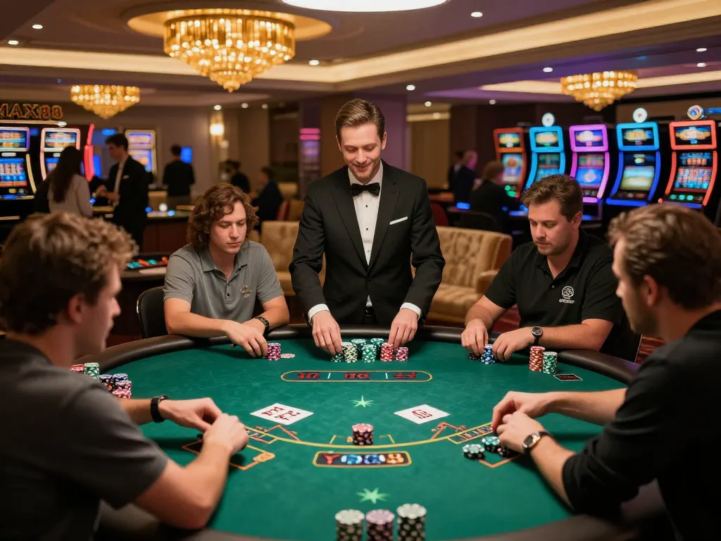 MAX88 players strategizing their next moves at luxurious blackjack tables in a vibrant casino.