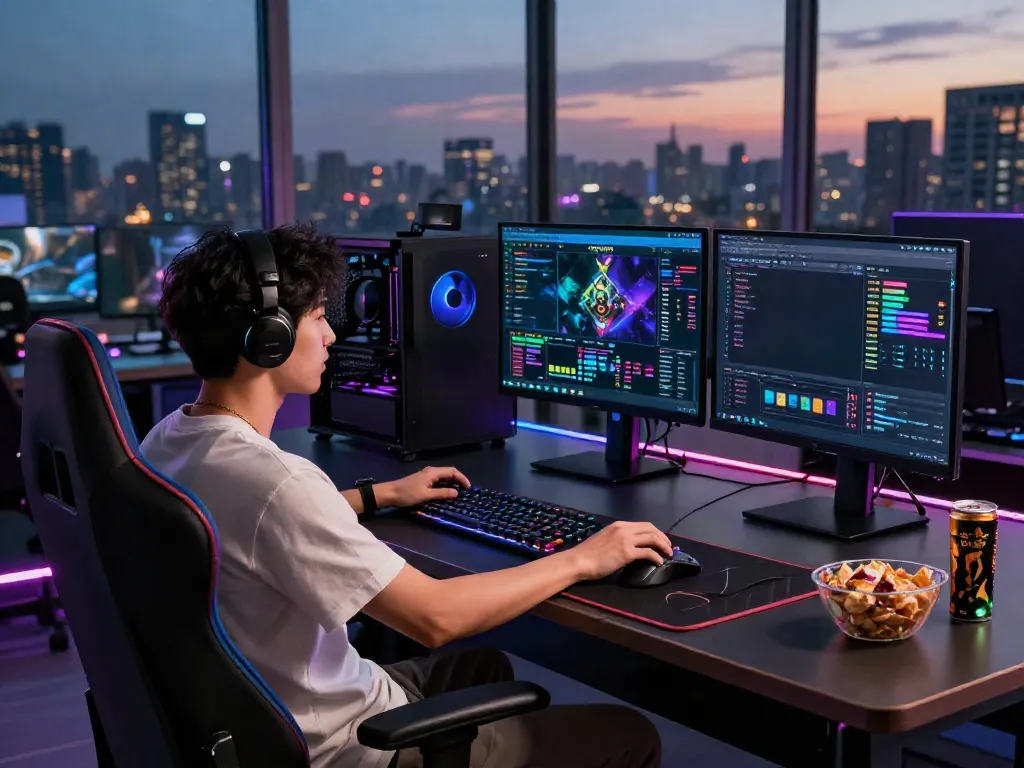 Gamer menggunakan platform qqgobet dalam pengaturan gaming modern dengan dekorasi RGB.