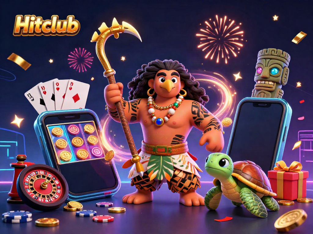 Engaging Hitclub scene with cartoon demigod and turtle, vibrant gaming elements and exciting casino atmosphere.