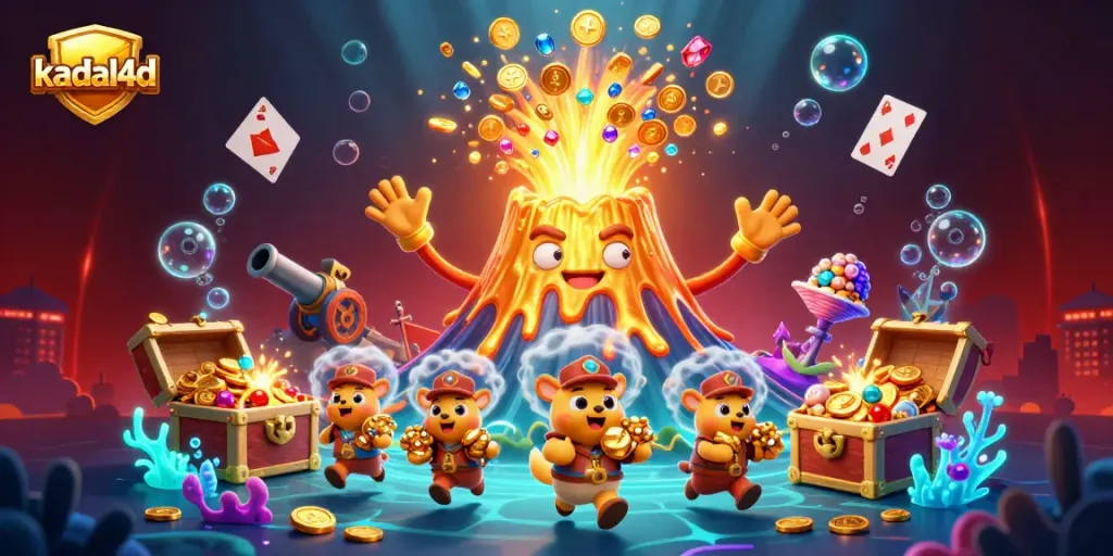 Kadal4d showcases a triumphant golden volcano amidst treasures in a vibrant casino-themed illustration.