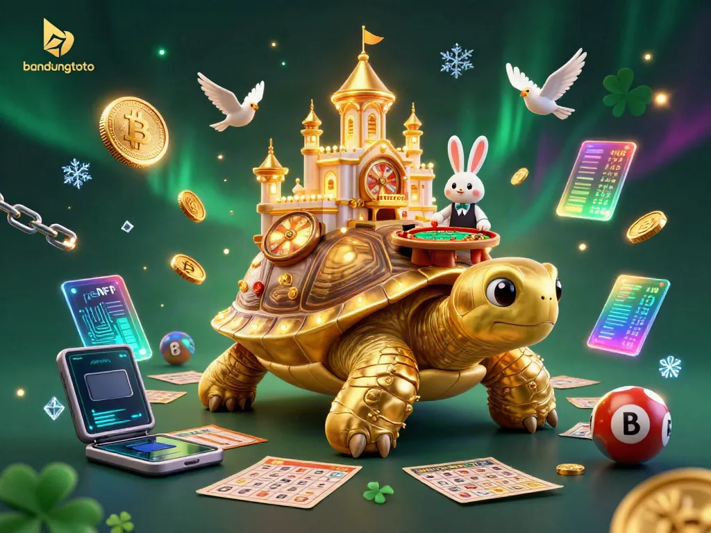 Engage with bandungtoto's dynamic scene of a golden tortoise casino featuring a rabbit dealer and lottery elements.