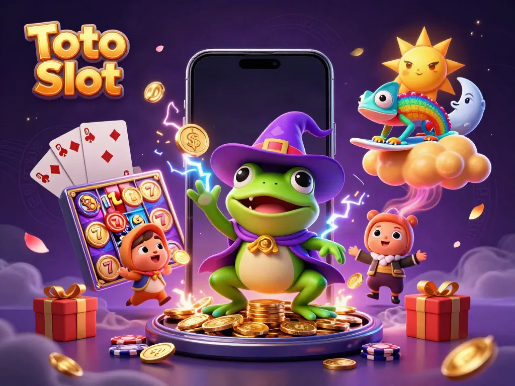Toto Slot: Penampilan kartun si kodok penyihir dan chameleon, meriah dengan koin emas.