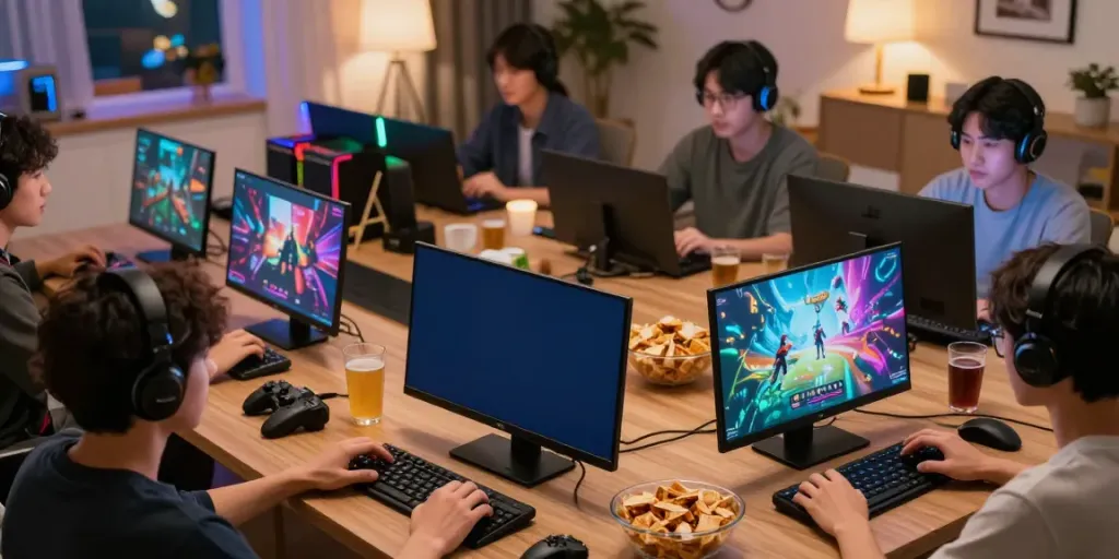 Gamer bersemangat bermain di pohon4d dengan berbagai perangkat di ruang tamu yang nyaman.