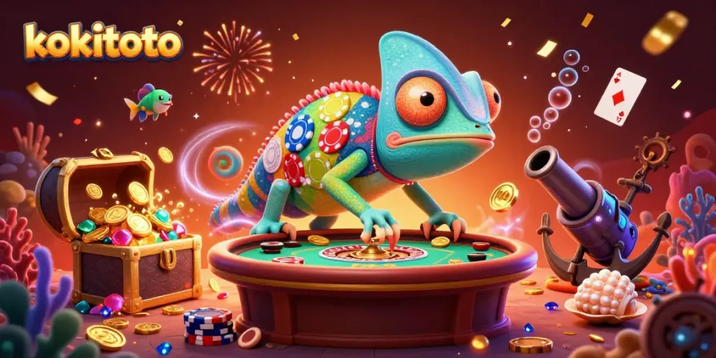 Kokitoto hadir dalam ilustrasi kasino permainan togel online, menggambarkan keseruan akses mudah dari Akibento Store.