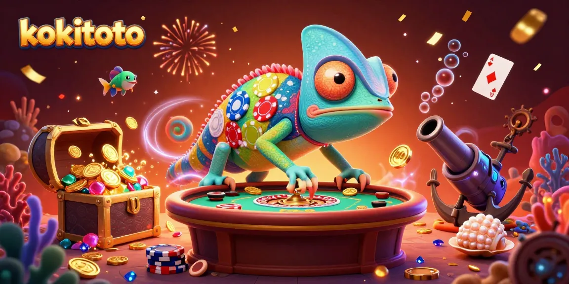 Kokitoto hadir dalam ilustrasi kasino permainan togel online, menggambarkan keseruan akses mudah dari Akibento Store.