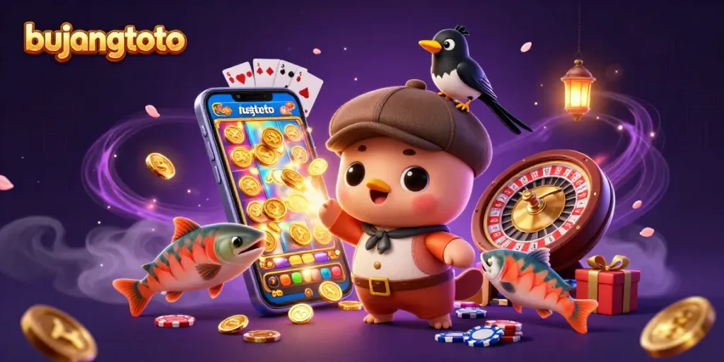 Bujangtoto menyajikan ilustrasi kasino yang penuh warna dengan karakter lucu dan elemen judi seperti koin emas.