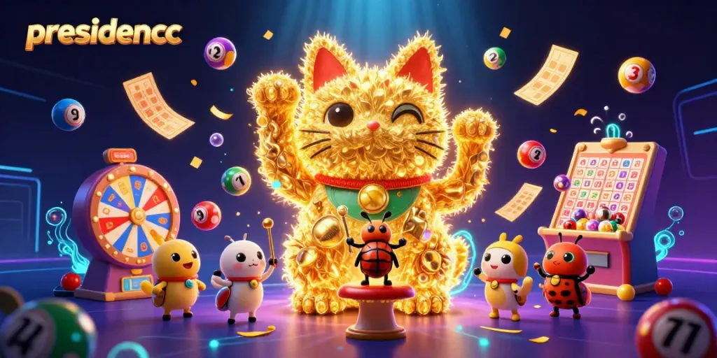 Engage with presidencc's vibrant lottery experience, led by a golden lucky cat amidst colorful games.