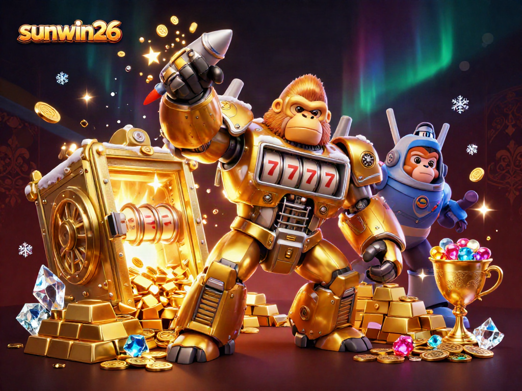 Sunwin26's gorilla mech punches upward, surrounded by dynamic casino treasures and vibrant gems.