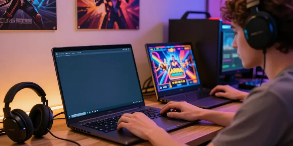 Permainan hoki99 dengan grafik menarik di laptop dan pengguna fokus bermain.