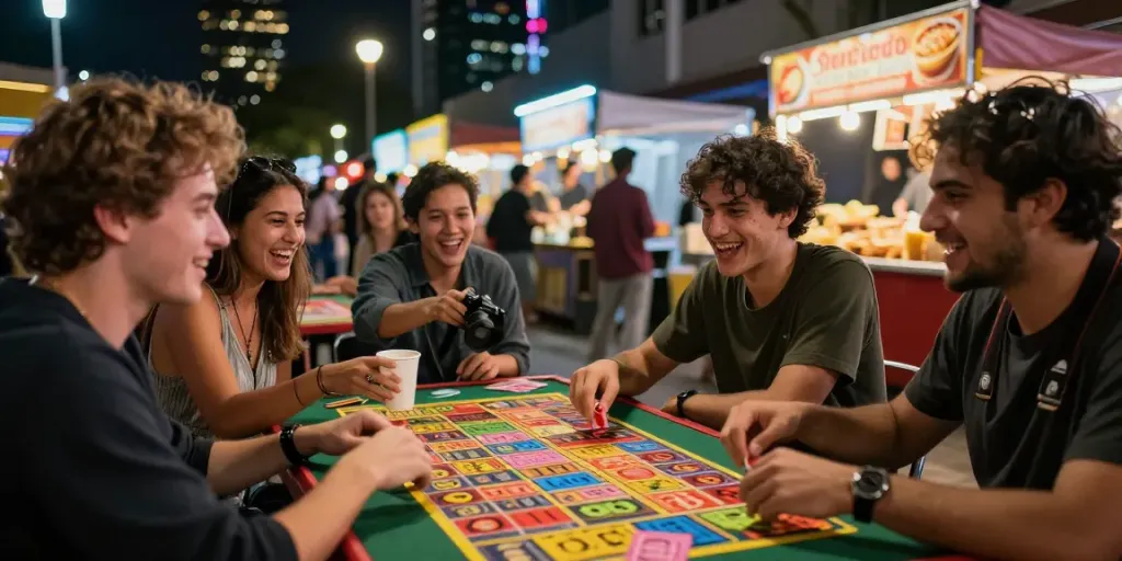 Tampilan seru Seribu Toto saat permainan lotere malam, teman-teman bersenang-senang.