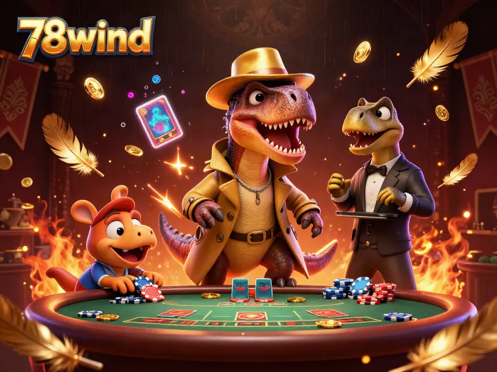 Experience thrilling gameplay at 78wind as a velociraptor card counter gets animated at a blackjack table.