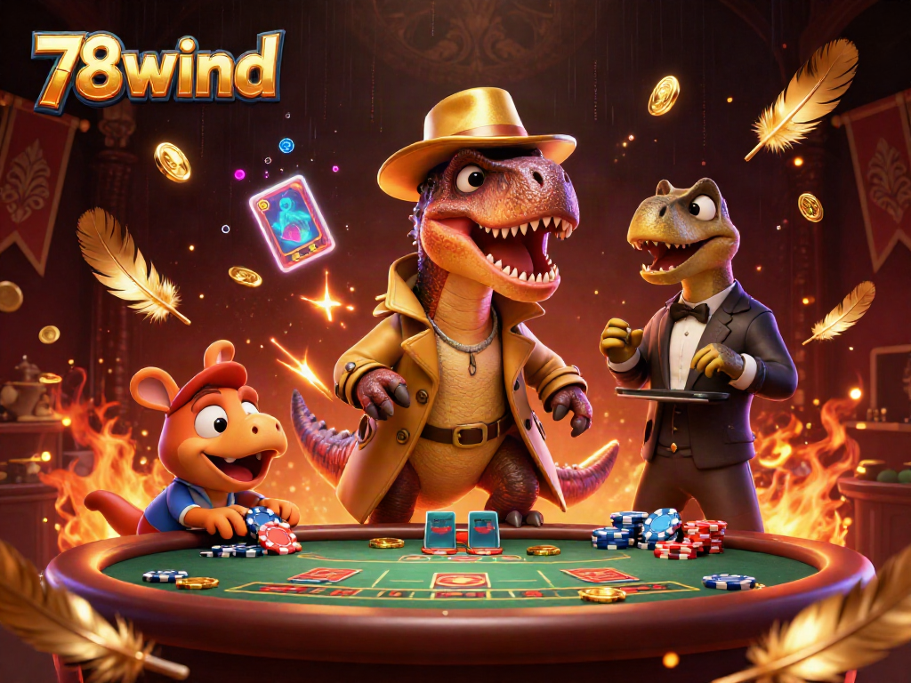 Experience thrilling gameplay at 78wind as a velociraptor card counter gets animated at a blackjack table.