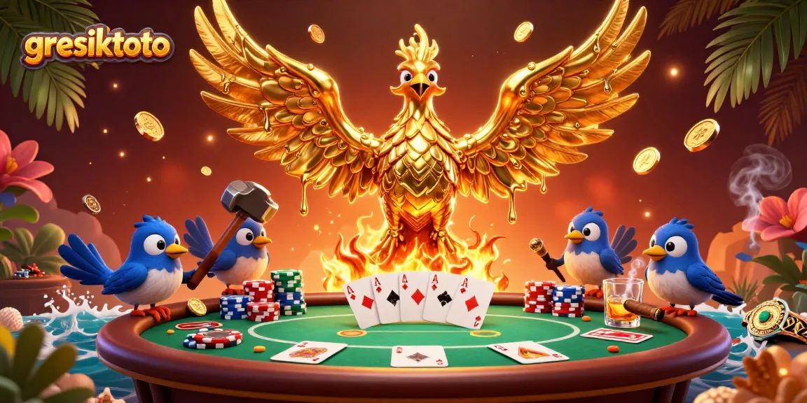 Engage with the thrilling atmosphere of gresiktoto featuring a golden phoenix and vibrant poker elements.