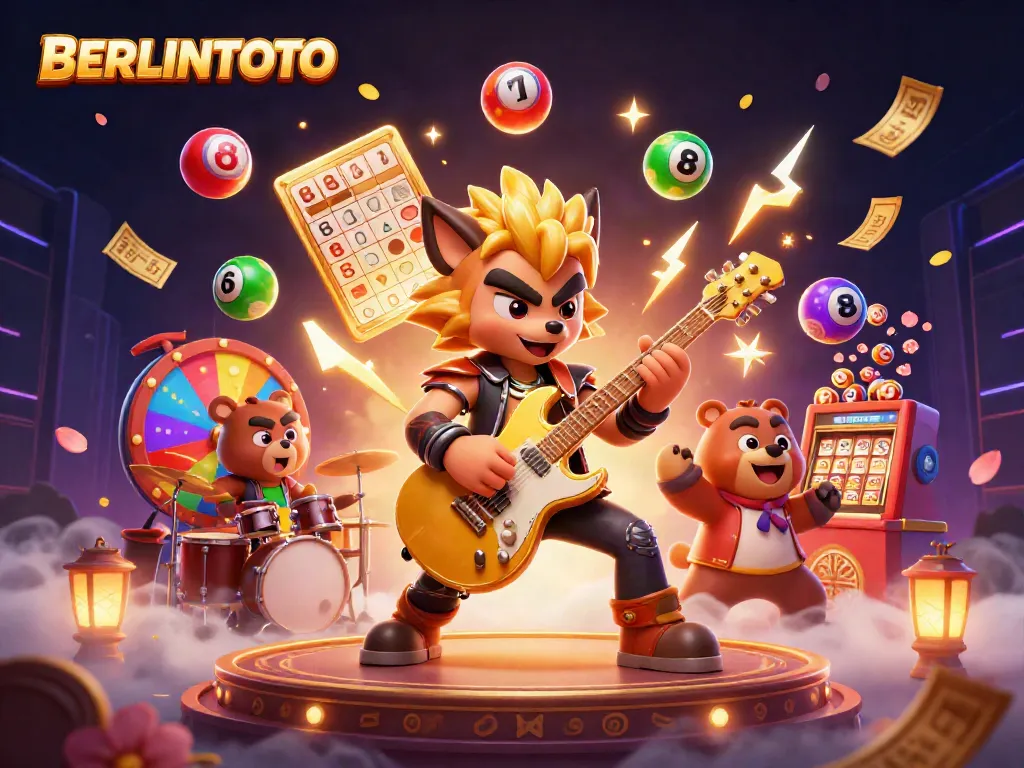 Join the action at BERLINTOTO with a vibrant casino scene featuring a rock star wolf and a drummer bear, amidst colorful gaming elements.