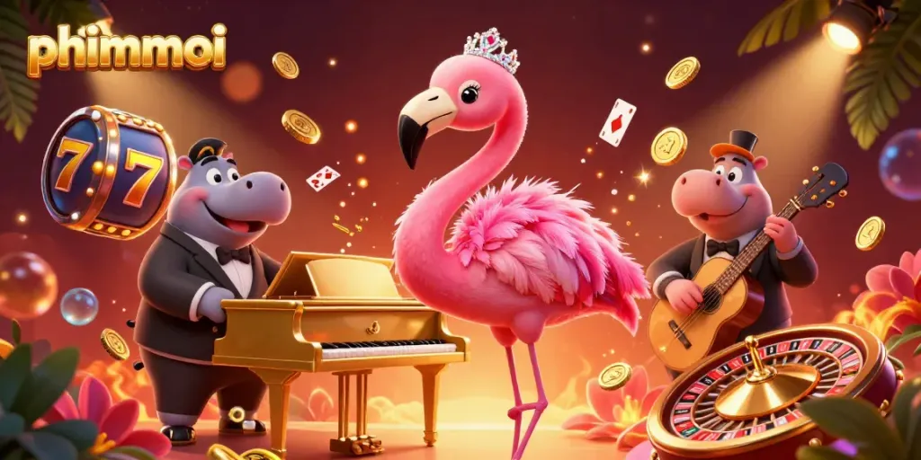 Experience the thrill of wins with phimmoi's vibrant casino scene featuring flamingo singer and hippo bassist.