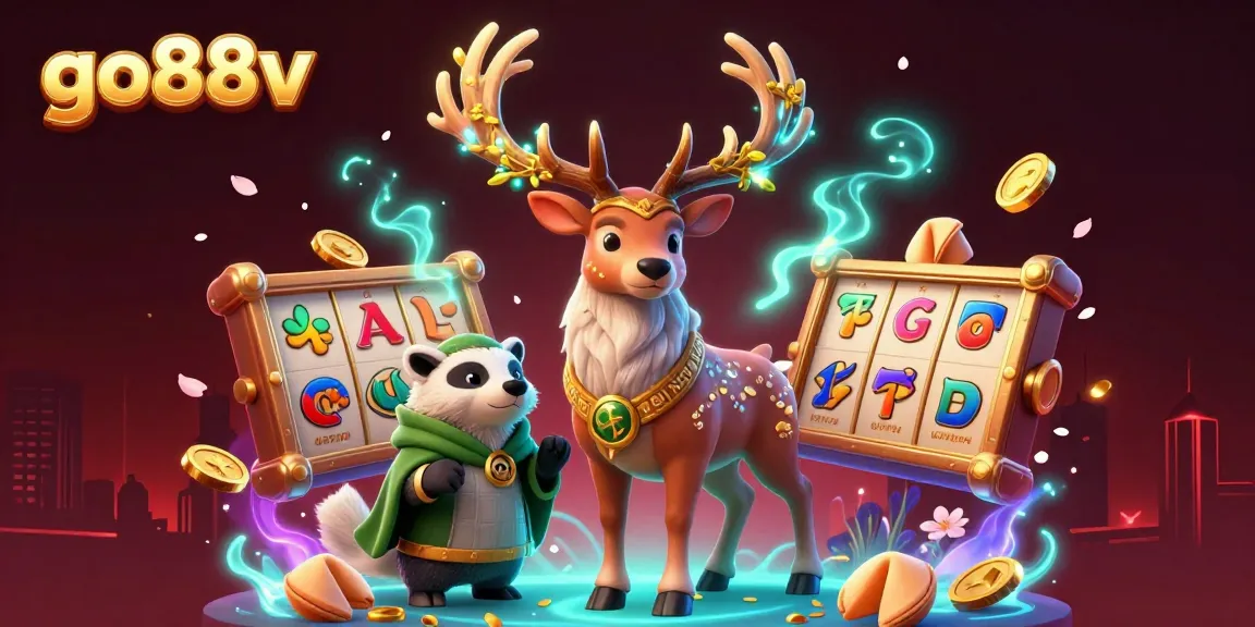 Engage with go88v's lively gaming scene featuring a druid stag and lucky slot reels.