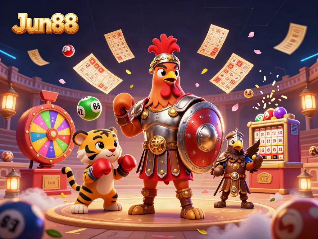 Jun88 brings excitement with a dynamic 3D casino scene showing a gladiator rooster and lucky symbols.