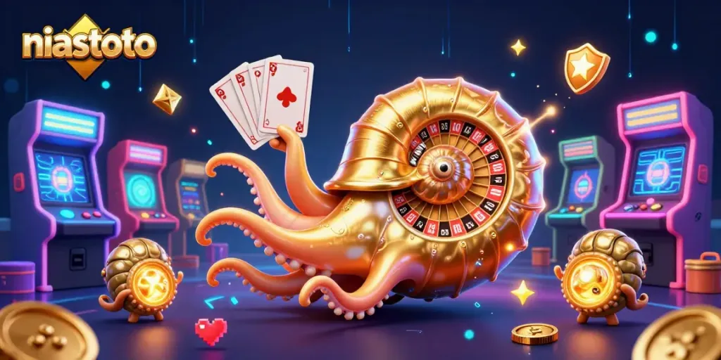 Menangkan taruhan di NiasToto dengan ilustrasi kasino 3D penuh warna yang ramai.