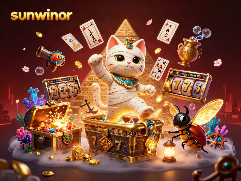 Engage with slot gaming at sunwinor: Egyptian mummy cat and friends in a vibrant casino scene.