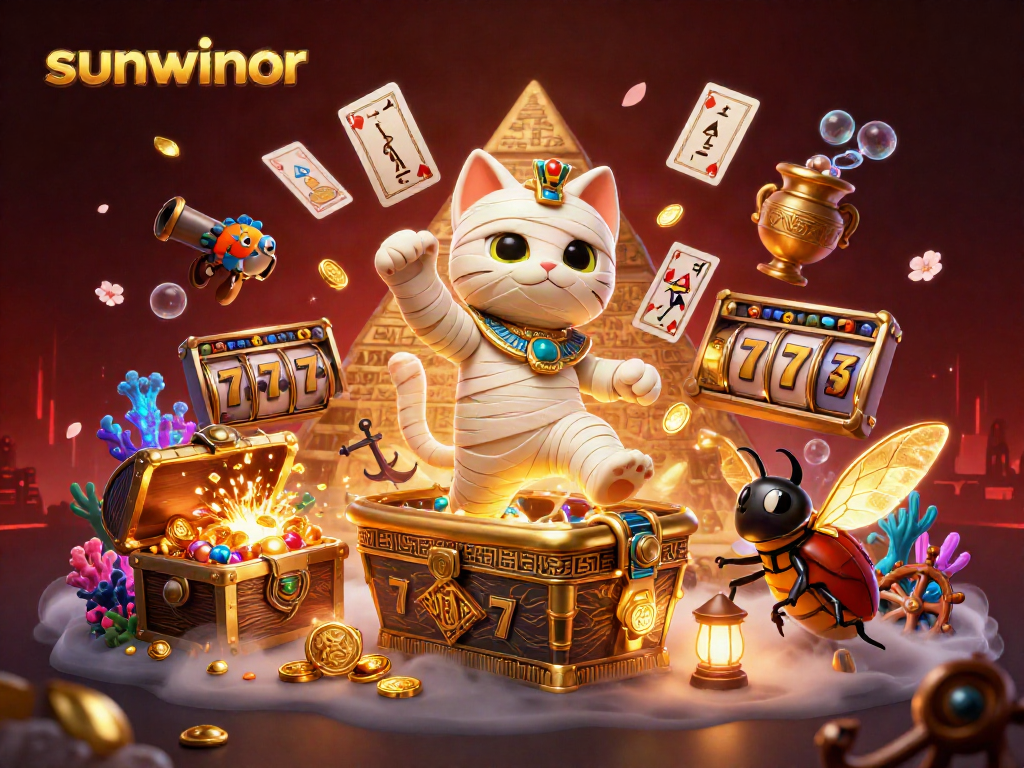 Engage with slot gaming at sunwinor: Egyptian mummy cat and friends in a vibrant casino scene.