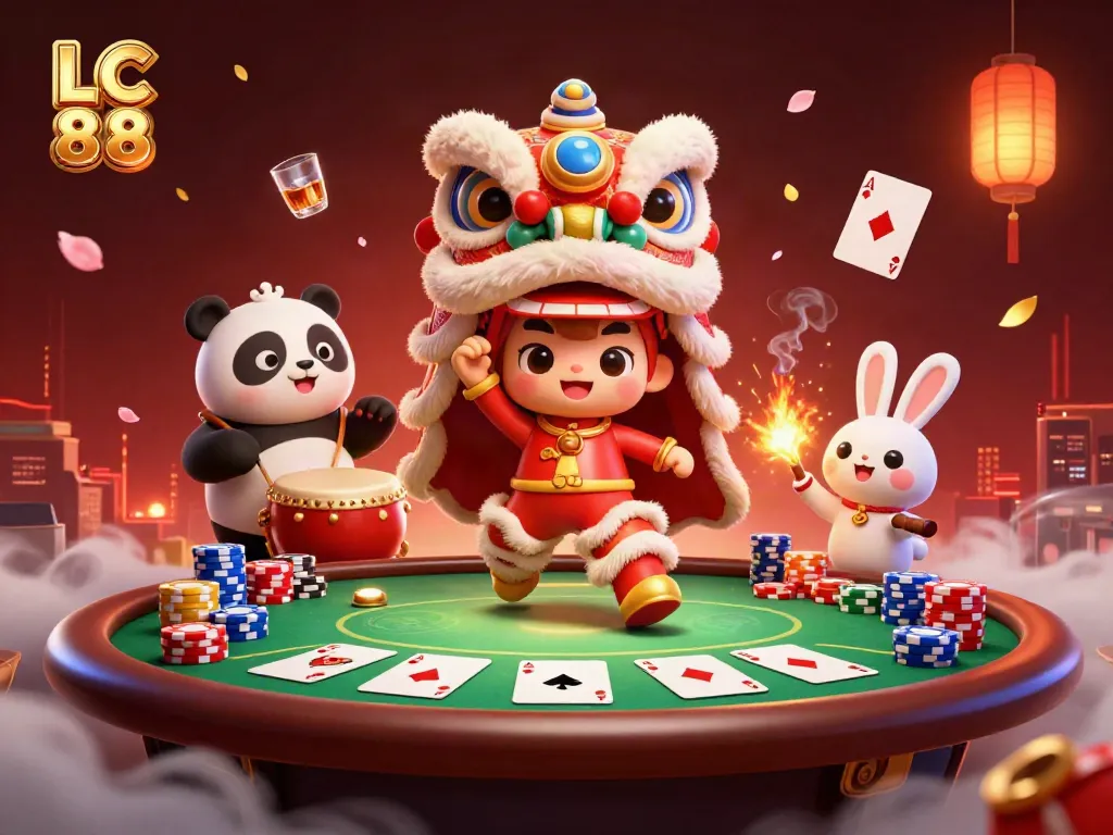 Experience excitement at LC 88 with a vibrant casino scene featuring a lion dance, poker elements, and festive decorations.