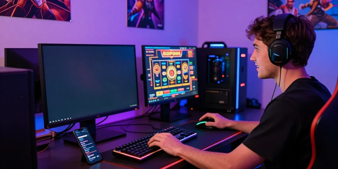 Engaging online gaming scene with a player enjoying slot gacor on a laptop surrounded by modern gaming gear.