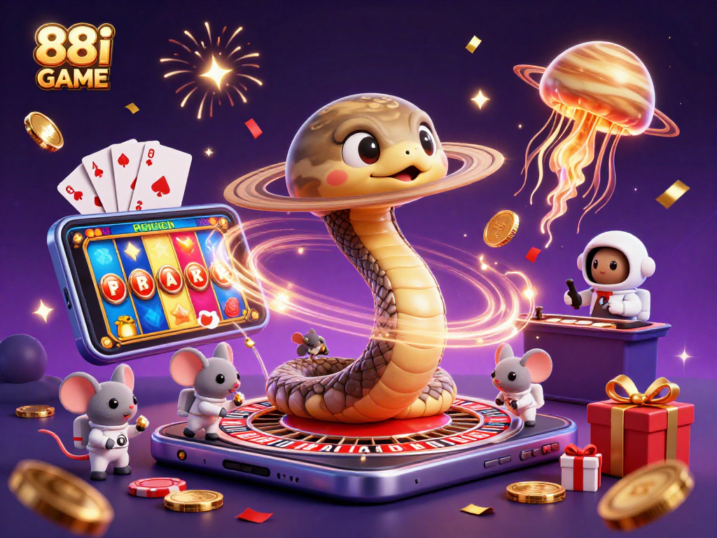 Engage in thrilling gameplay with 88i GAME as snakes spin roulette, mice bet, and coins burst!