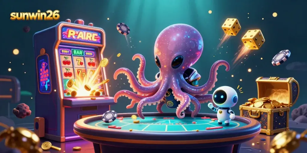 Catch the excitement at sunwin26 with a vibrant alien octopus and dynamic casino elements!