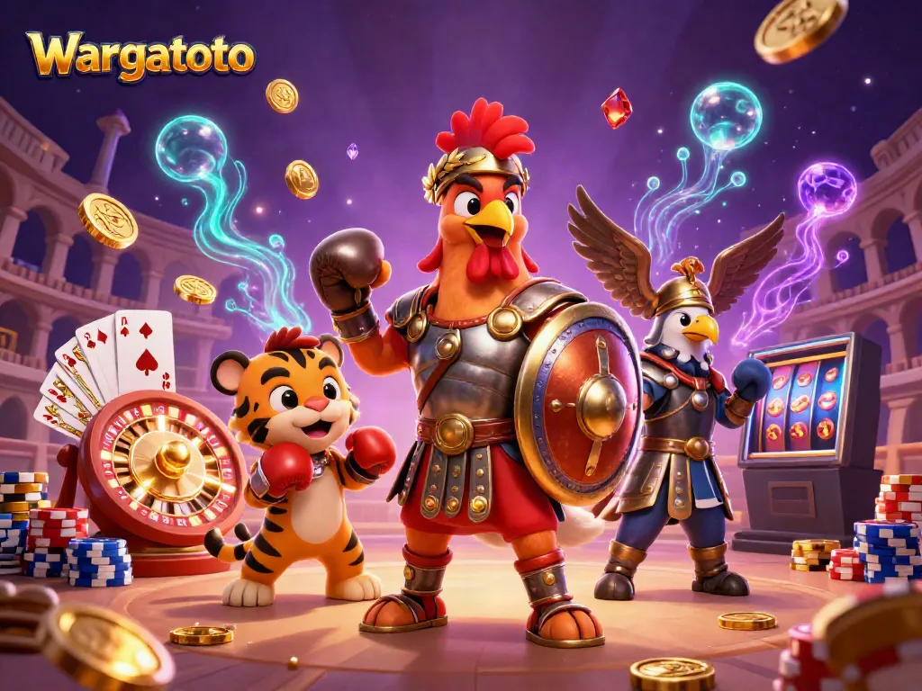 Wargatoto hadir dengan gladiator ayam dan teman bertarung sambil bermain di arena, terinspirasi petaruh judi.