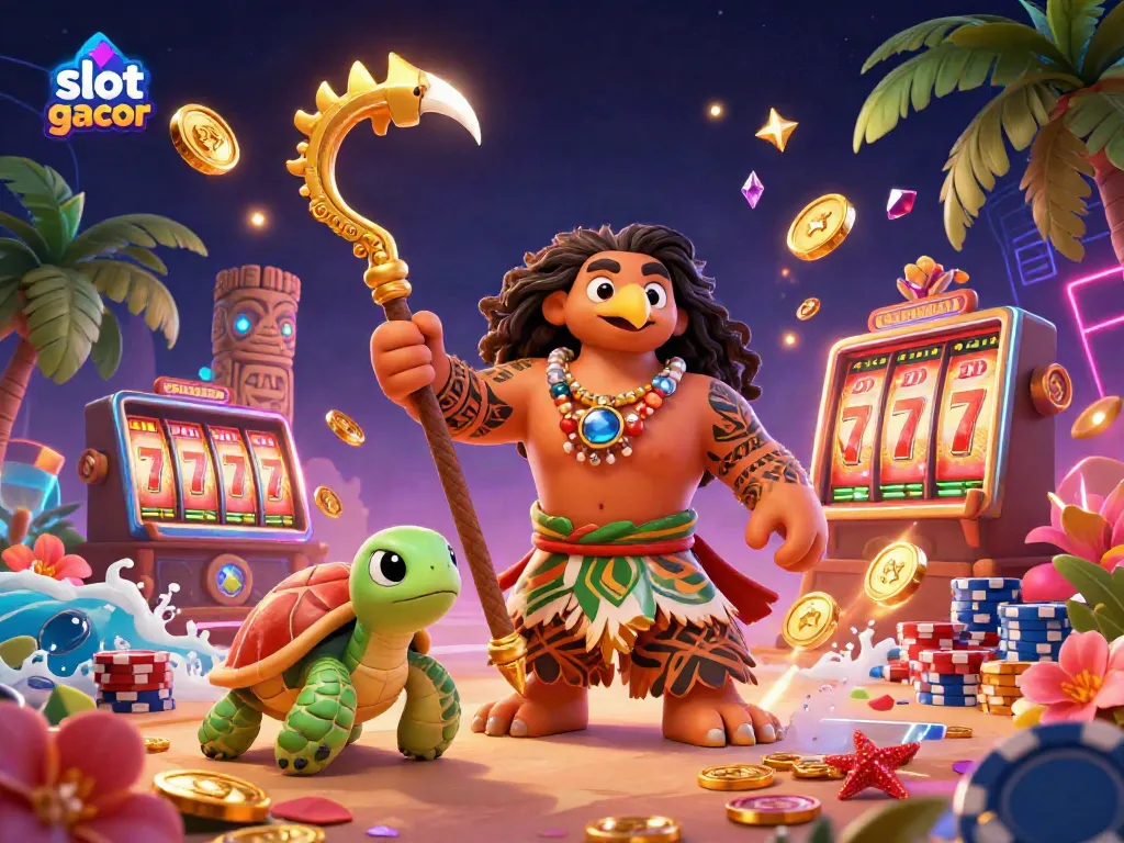 Play slot gacor with thrilling visuals featuring a demigod and dynamic casino elements.