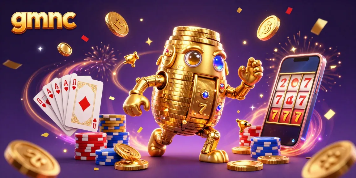 Spin the reels with gmnc, showcasing an ancient golden golem amid vibrant casino elements.