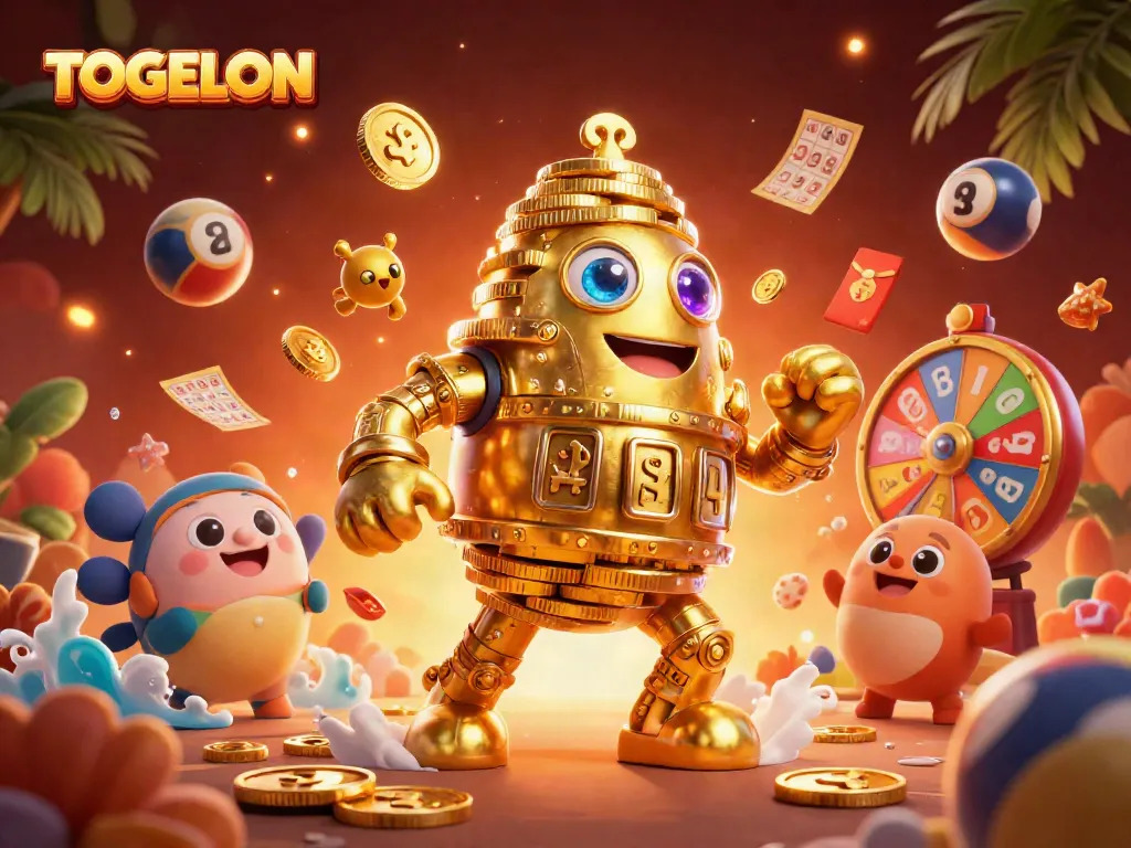 TOGELON's golden golem gathers lucky lottery balls and bingo cards in a vibrant casino scene.