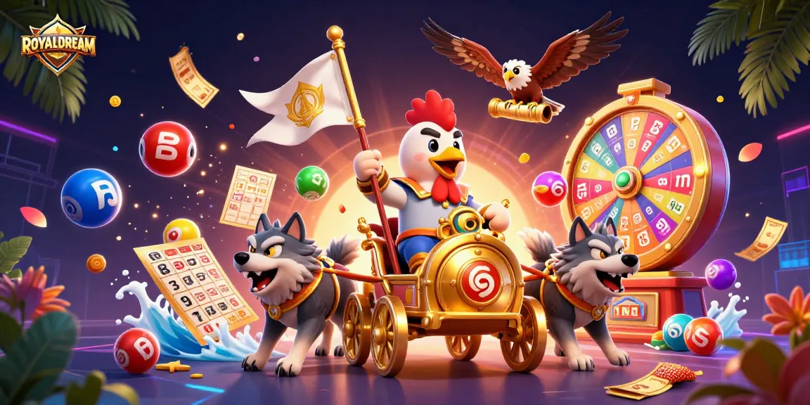 Experience ROYALDREAM's dynamic casino scene with a rooster warlord and colorful lottery elements.
