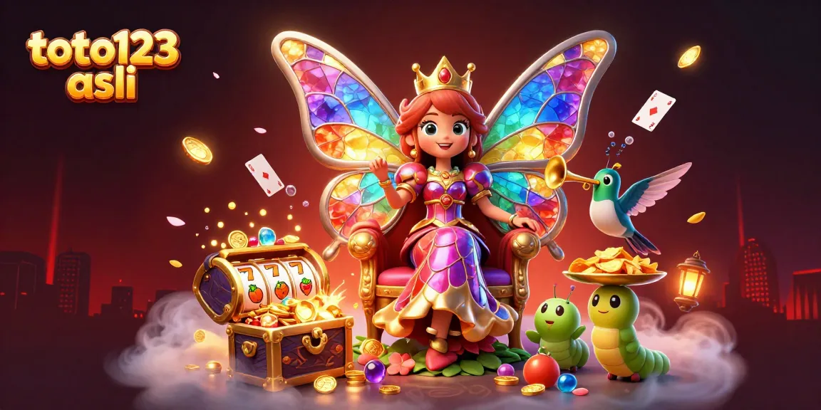Engage with exciting features of toto123 asli, showcasing a vibrant 3D illustration of a butterfly queen and treasure elements.