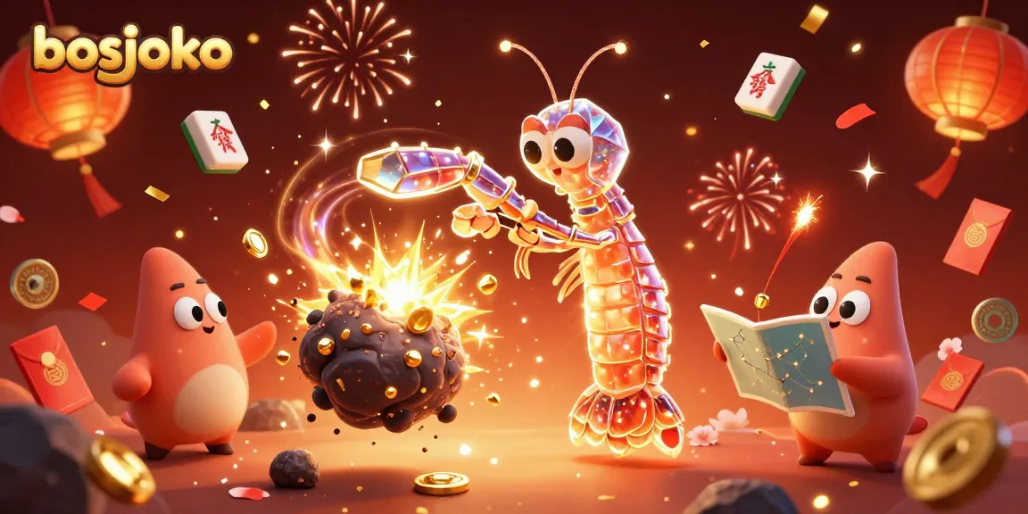 Engage with bosjoko while exploring a vibrant 3D casino scene filled with luck charms and festive elements.