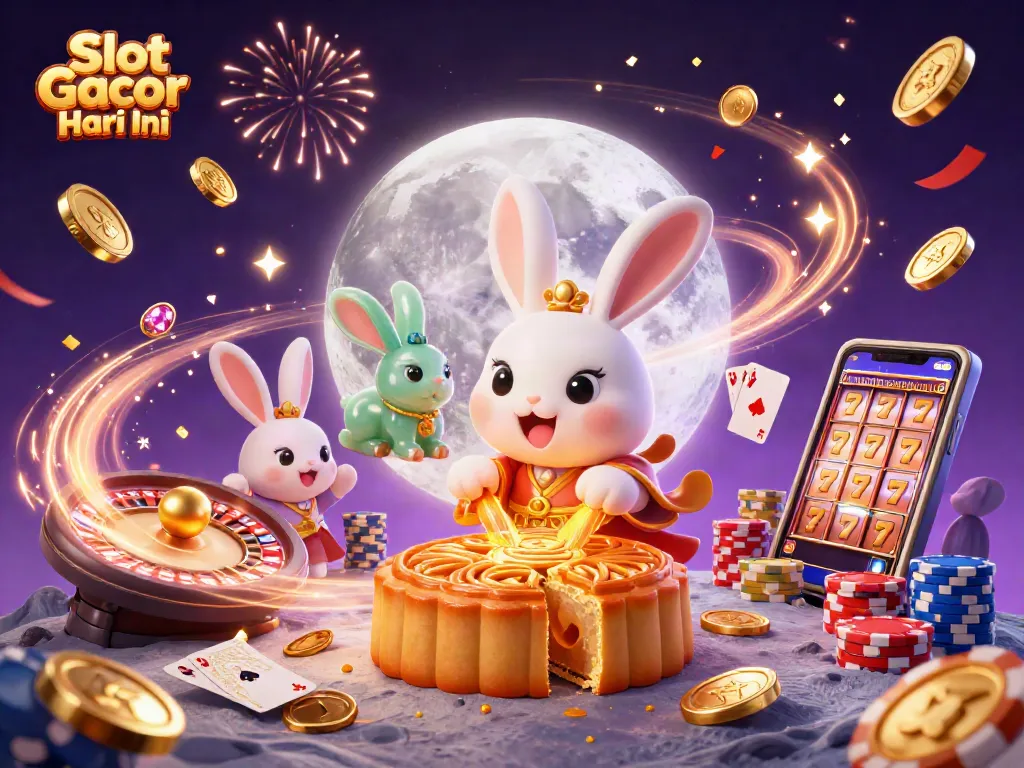 Mainkan Slot Gacor Hari Ini dengan simbol keberuntungan dan permainan yang penuh warna di latar belakang megah.