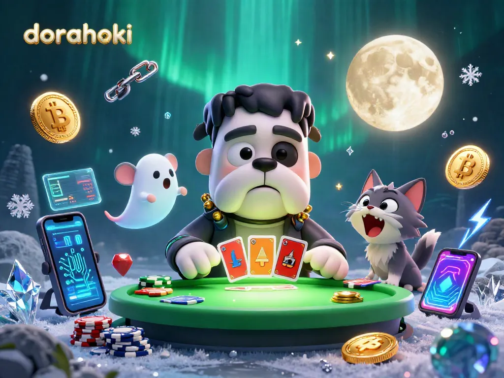Dorahoki menampilkan Frankenstein bulldog monster bermain kartu di meja hijau, dikelilingi koin Bitcoin dan Ethereum.