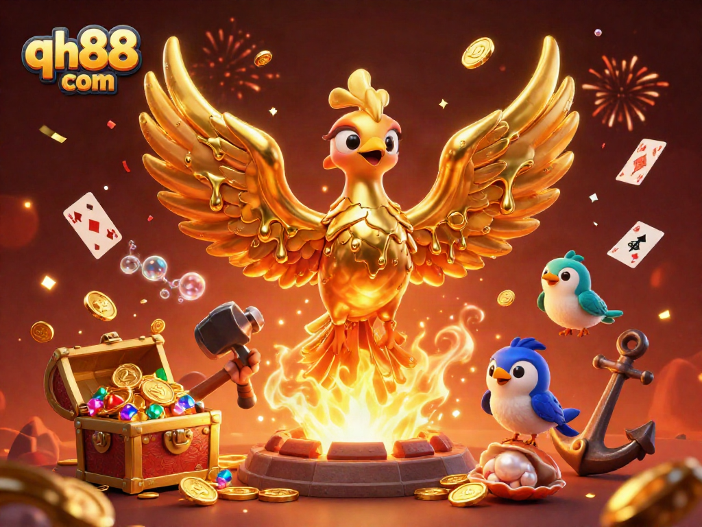 Experience thrilling gameplay with qh88 com, featuring a golden phoenix and sparkling treasures in an exciting casino scene.