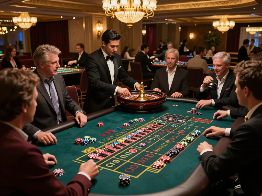 Players at fly88 excitedly placing bets at a roulette table in a luxurious casino environment.
