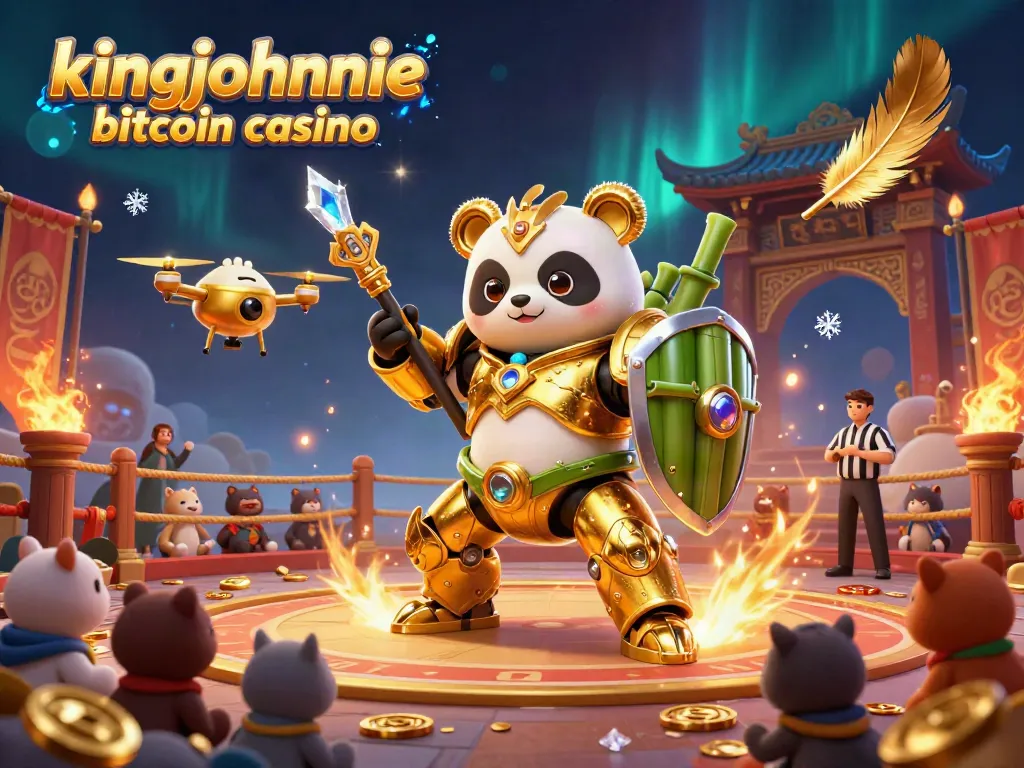 Kingjohnnie bitcoin casino showcases a mech-suit panda in an exciting gambling arena with dynamic elements.