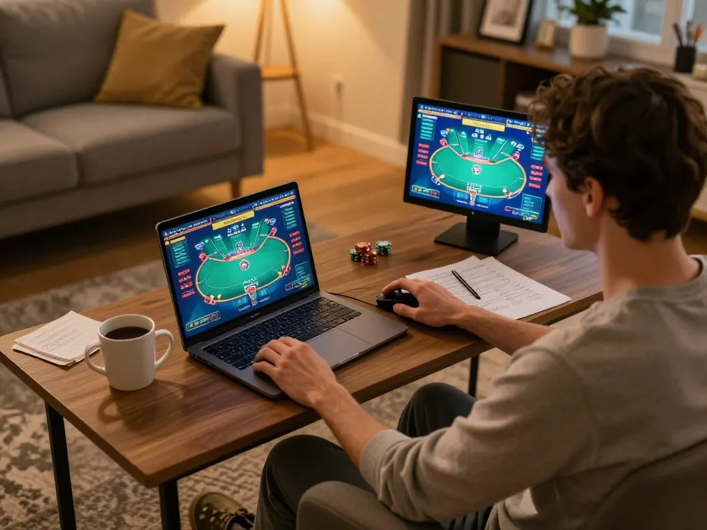 Engaging online poker game on laptop showcasing kuwin1 user strategies and betting