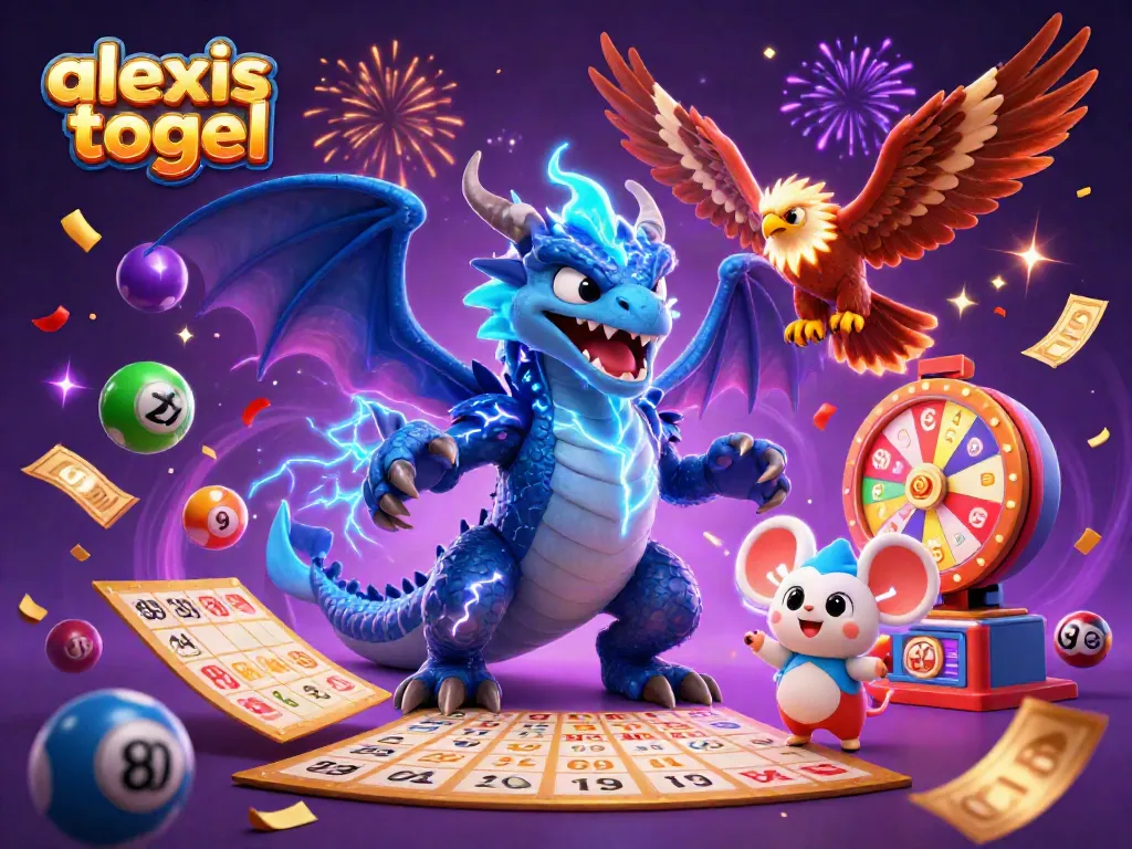 Mengakses alexistogel dengan mudah melalui ilustrasi 3D bertemakan lotere dan hiburan, penuh warna dan energi.