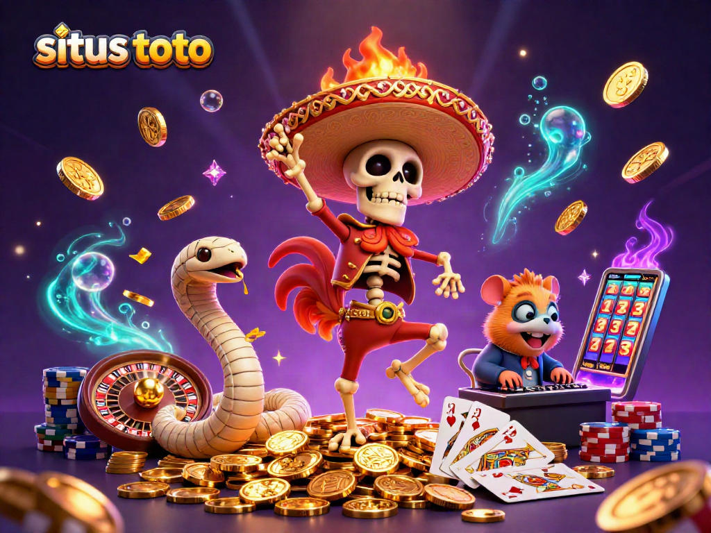 Merayakan kemenangan di situs toto dengan karakter kasino unik, koin emas dan permainan menarik.