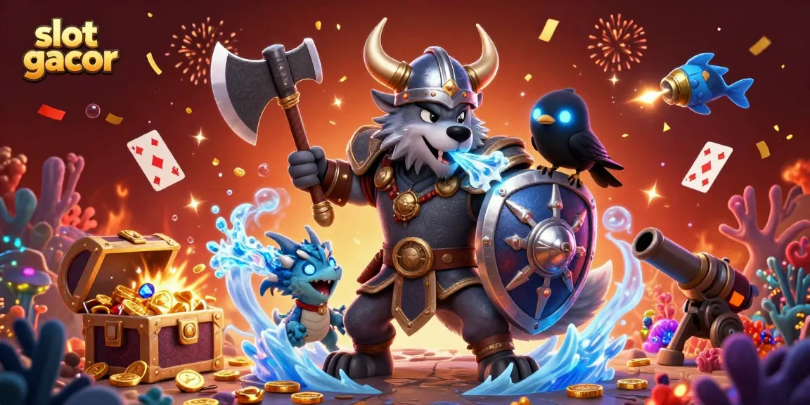 Immerse in the action of slot gacor with a vibrant 3D Viking warrior, dragon, and treasures.