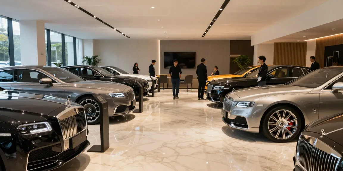 Mobil mewah LUXURY 777 tampil di showroom yang elegan dengan pembeli yang tertarik.