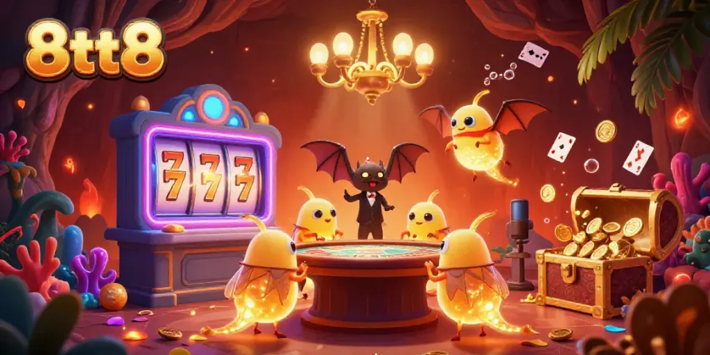 Join the glowworms of 8tt8 in this vibrant casino scene, filled with lively gaming elements for a thrilling experience.