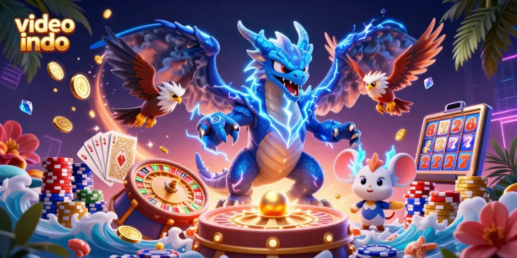 Engage in thrilling gameplay with dynamic video indo casino elements featuring golden coins and roulette.